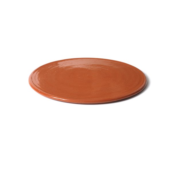 Lad os gøre det besøgende lukker Pizza tallerken i keramik, en stor platte i gyldenrød glaseret ler, der kan  varmes i ovn før brug.